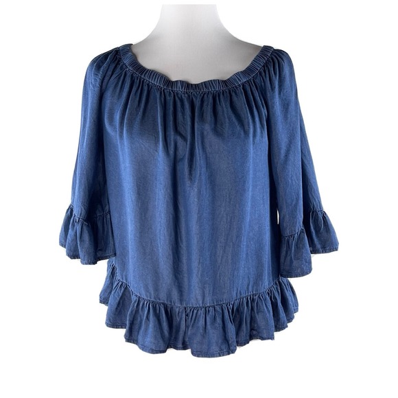 Jane And Delany Blue Denim Off Shoulder High Low 3/4 Bell Sleeve Top Womens M - Picture 2 of 10